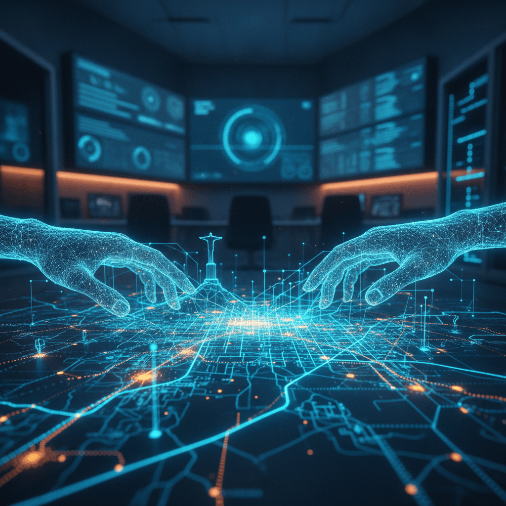 Mãos digitais interconectadas sobre um mapa do Rio de Janeiro, simbolizando segurança eletrônica e monitoramento